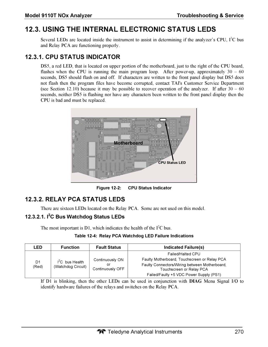 Teledyne 9110T instruction manual Using the Internal Electronic Status Leds, CPU Status Indicator, Relay PCA Status Leds 