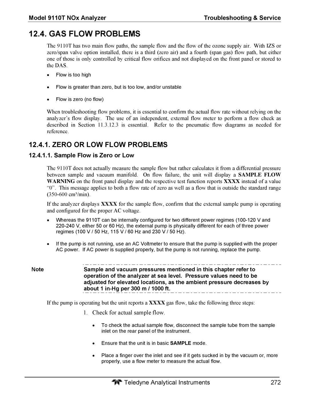 Teledyne 9110T GAS Flow Problems, Zero or LOW Flow Problems, Sample Flow is Zero or Low, About 1 in-Hg per 300 m / 1000 ft 