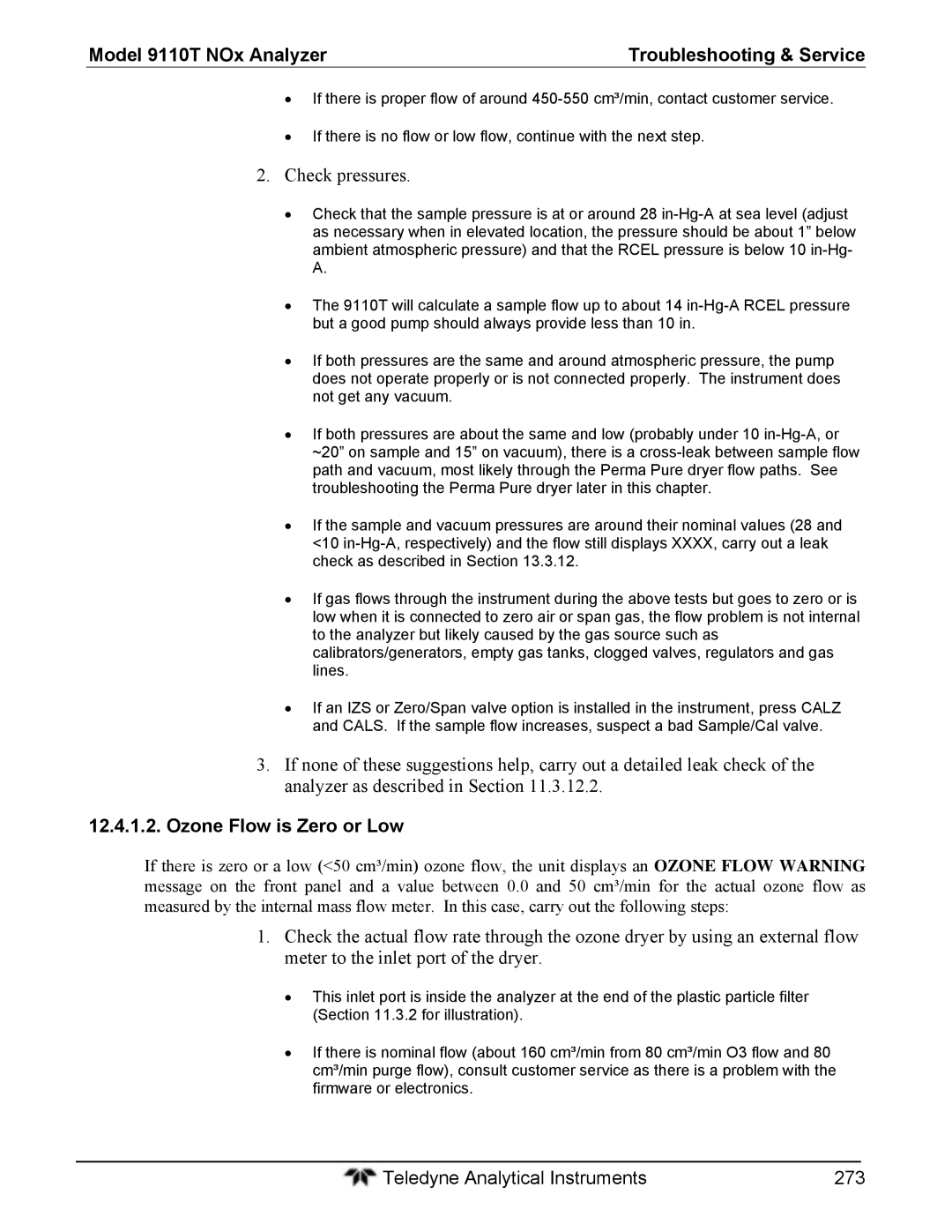 Teledyne 9110T instruction manual Check pressures, Ozone Flow is Zero or Low 