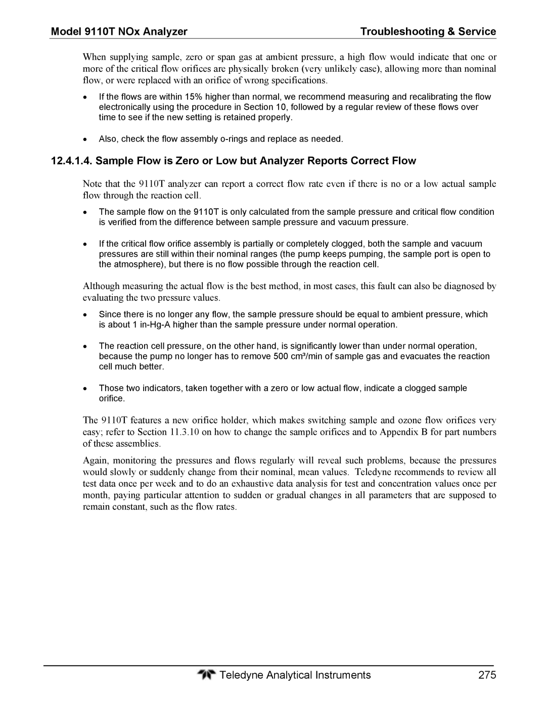 Teledyne 9110T instruction manual Sample Flow is Zero or Low but Analyzer Reports Correct Flow 