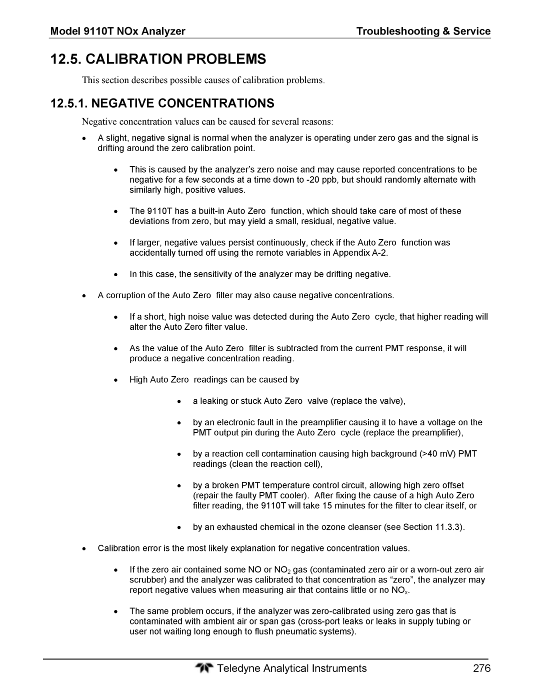 Teledyne 9110T instruction manual Calibration Problems, Negative Concentrations 