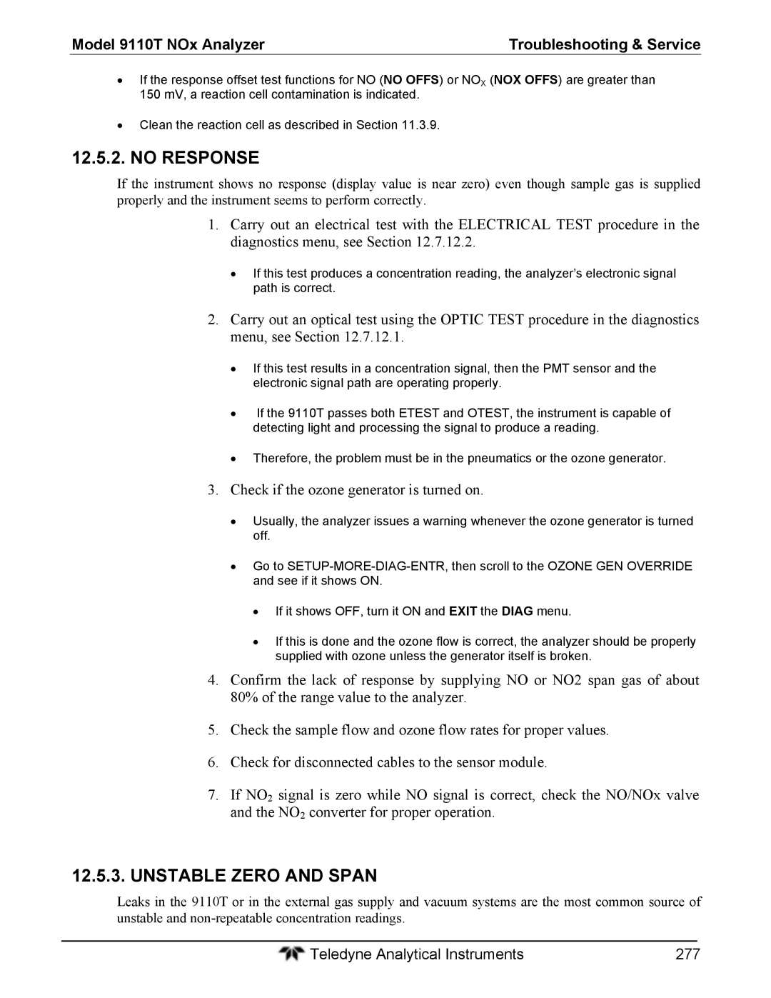 Teledyne 9110T instruction manual No Response, Unstable Zero and Span 