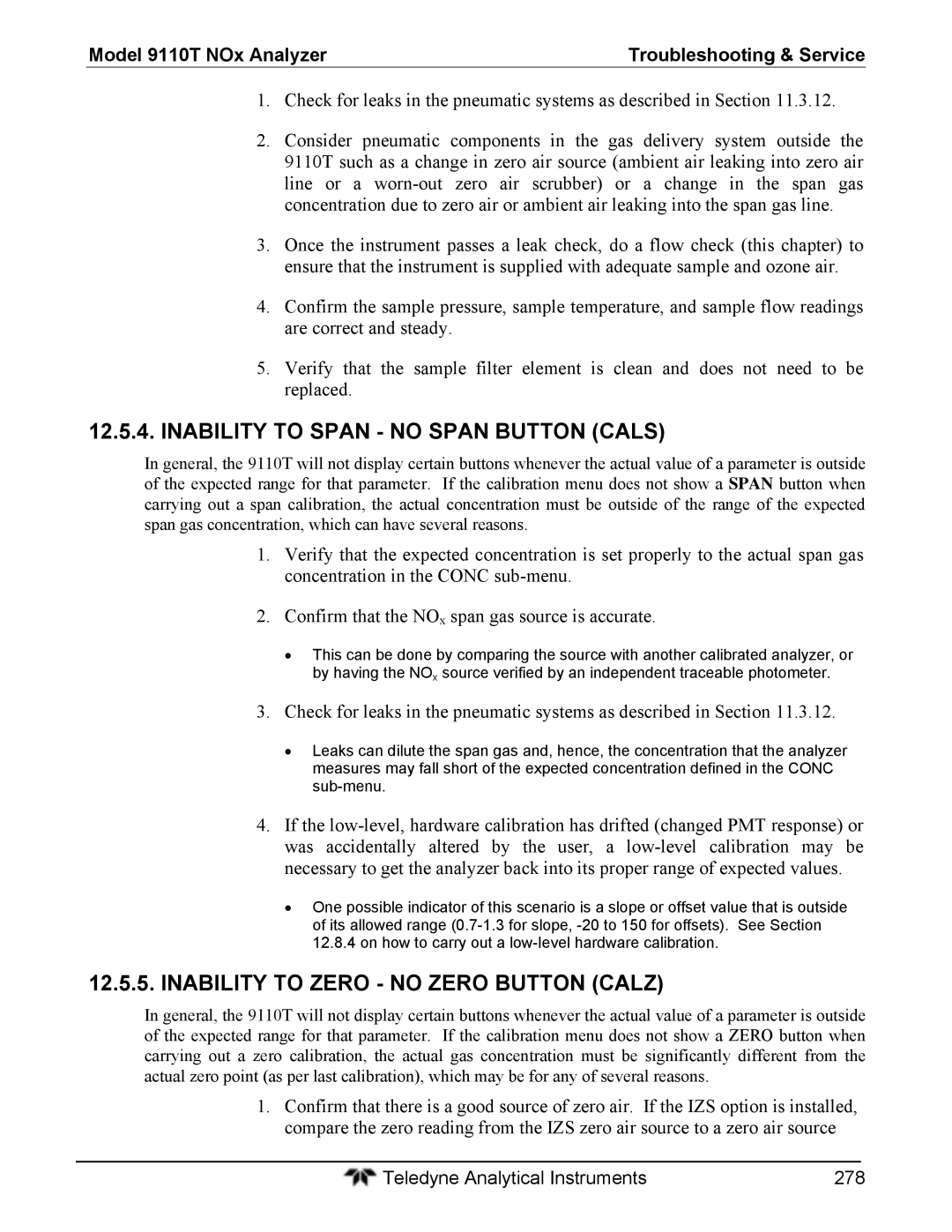 Teledyne 9110T instruction manual Inability to Span no Span Button Cals, Inability to Zero no Zero Button Calz 