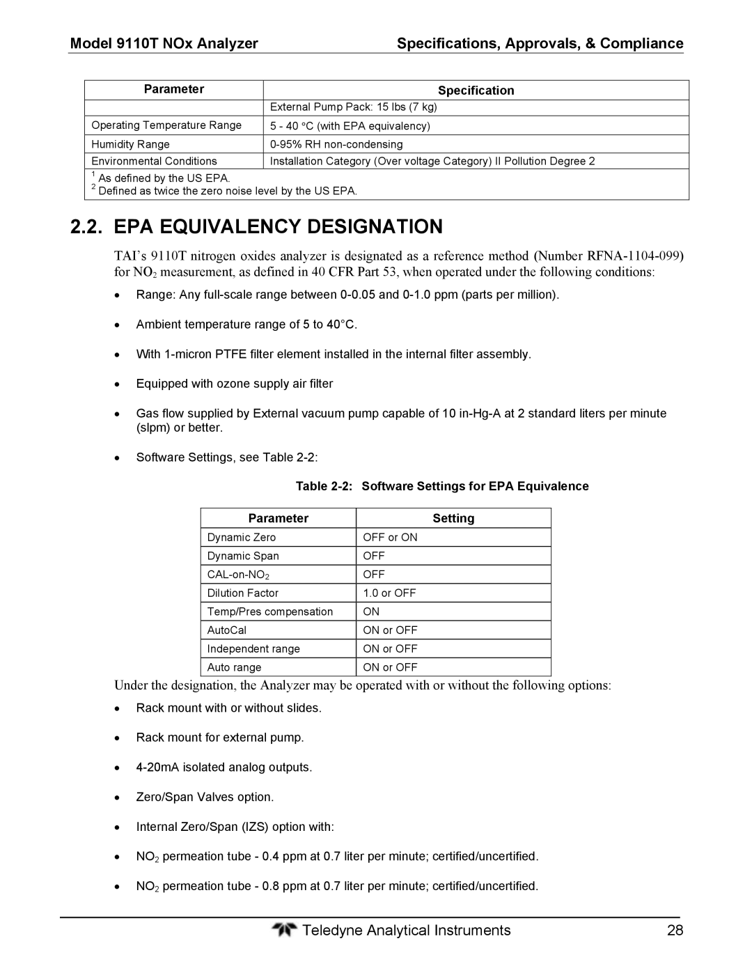 Teledyne 9110T EPA Equivalency Designation, Parameter Specification, Software Settings for EPA Equivalence Parameter 