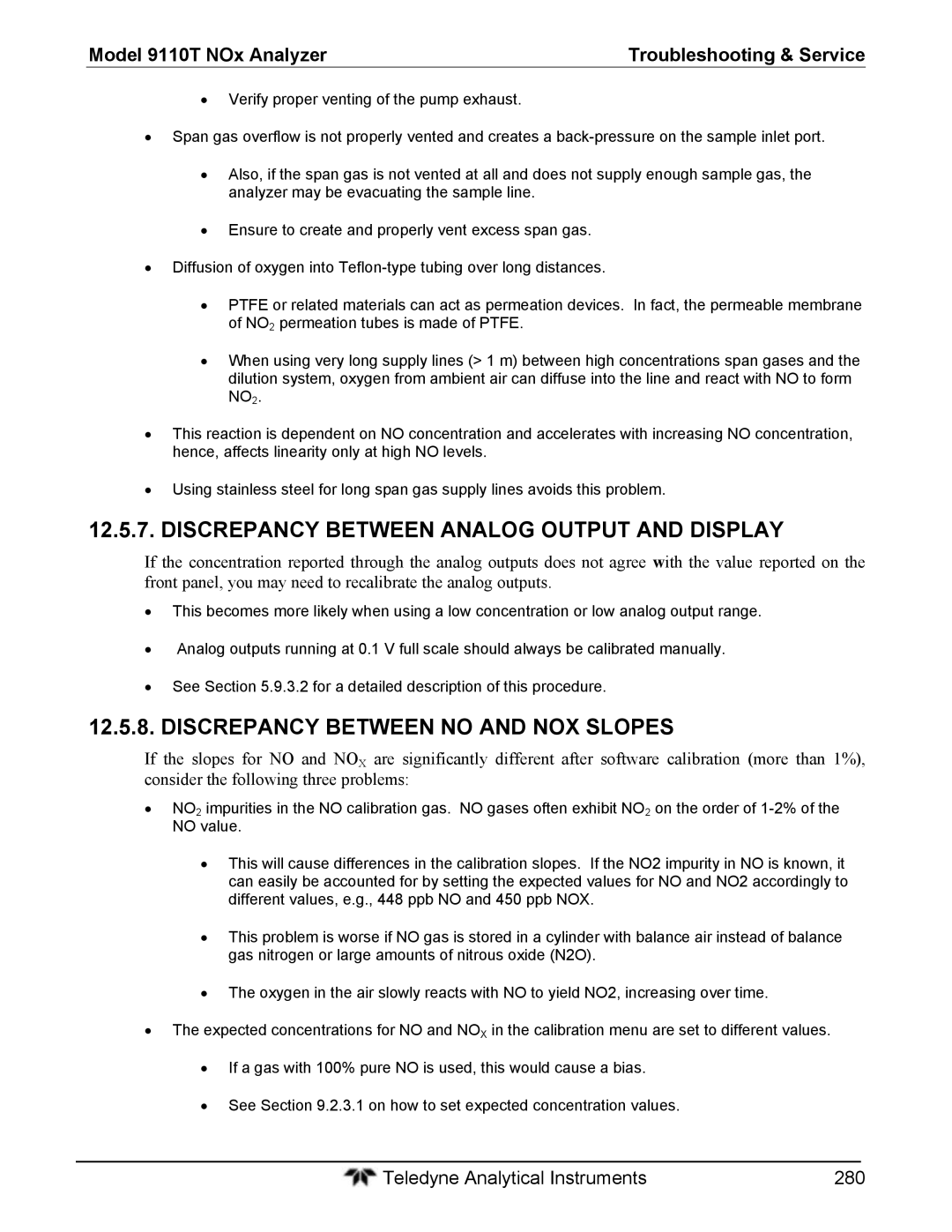 Teledyne 9110T instruction manual Discrepancy Between Analog Output and Display, Discrepancy Between no and NOX Slopes 