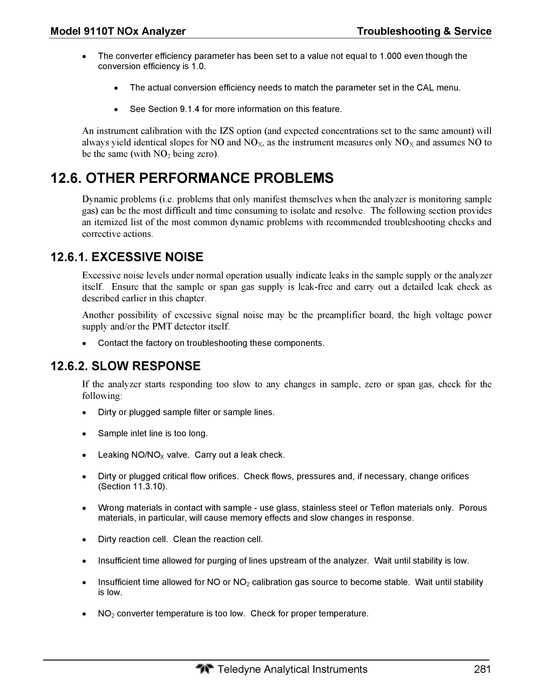 Teledyne 9110T instruction manual Other Performance Problems, Excessive Noise, Slow Response 