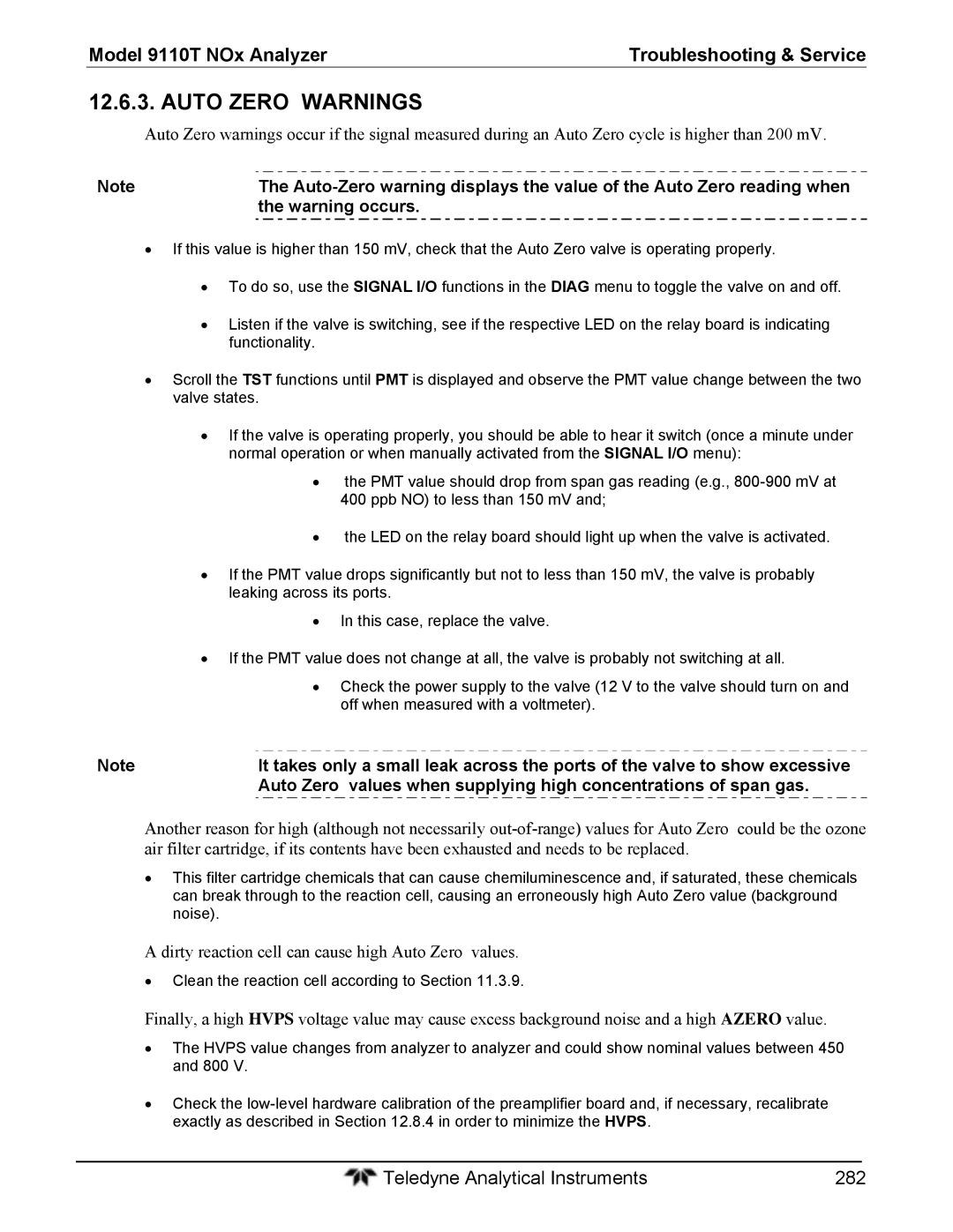 Teledyne 9110T instruction manual Auto Zero Warnings, Dirty reaction cell can cause high Auto Zero values 