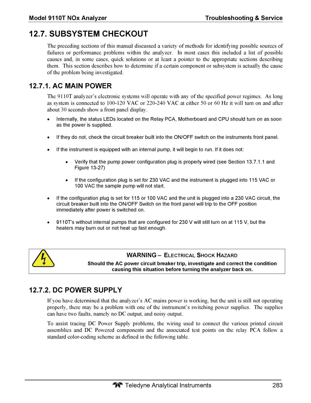 Teledyne 9110T instruction manual Subsystem Checkout, AC Main Power, DC Power Supply 