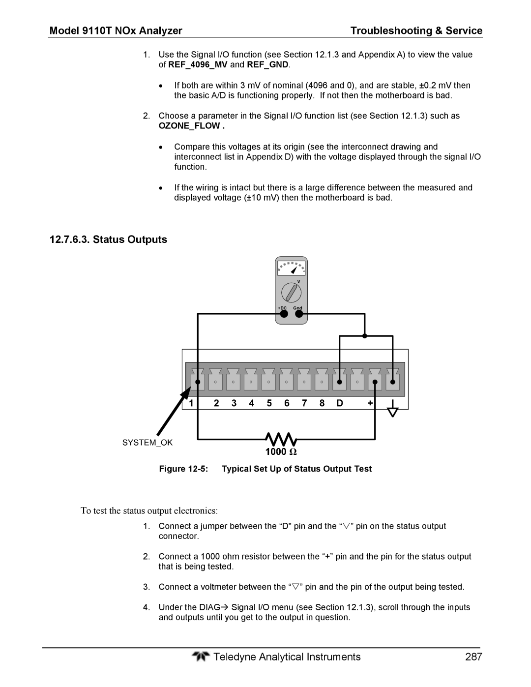 Teledyne 9110T instruction manual Status Outputs, To test the status output electronics, Ozoneflow 