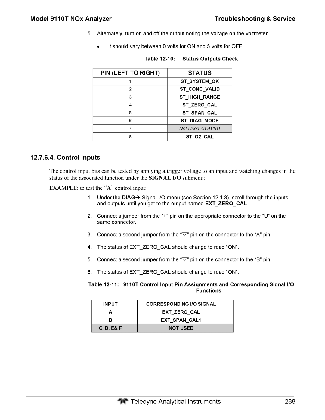 Teledyne 9110T instruction manual Control Inputs, Status Outputs Check 