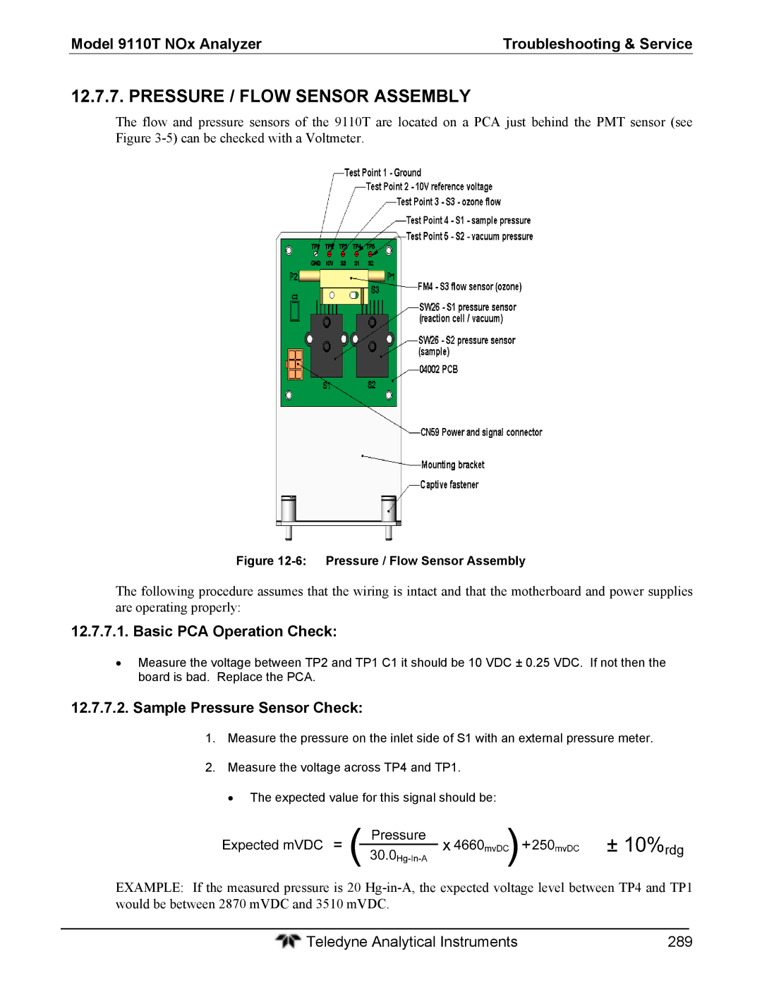 Teledyne 9110T instruction manual Pressure / Flow Sensor Assembly, Basic PCA Operation Check, Sample Pressure Sensor Check 