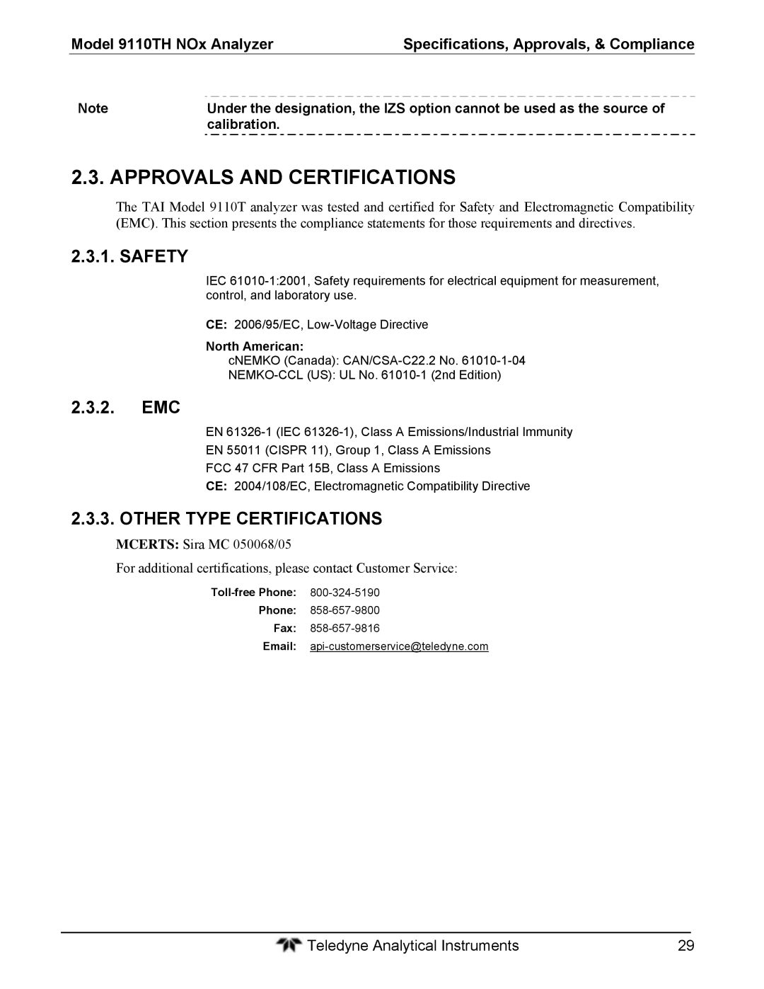 Teledyne 9110T instruction manual Approvals and Certifications, Other Type Certifications, Calibration, North American 