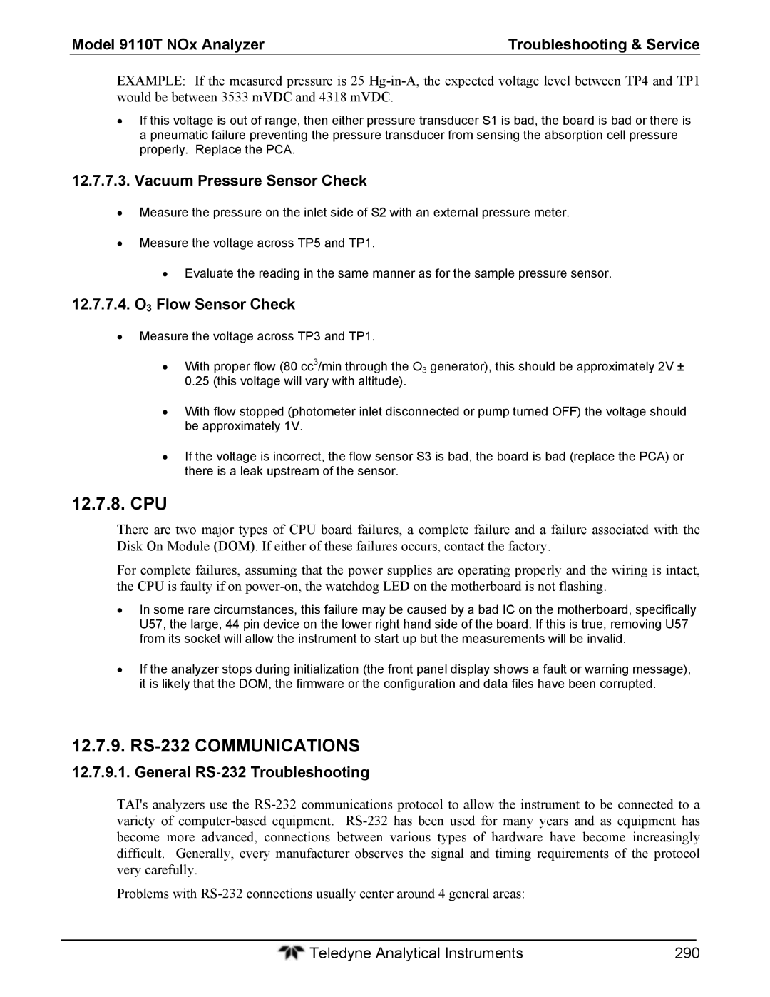 Teledyne 9110T instruction manual RS-232 Communications, Vacuum Pressure Sensor Check, 12.7.7.4. O3 Flow Sensor Check 