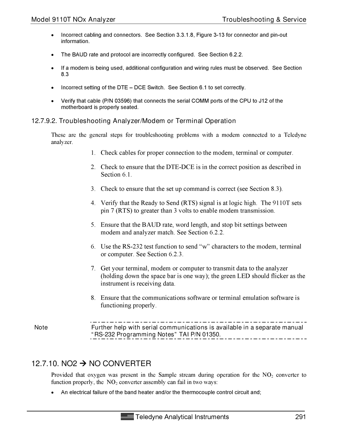 Teledyne 9110T instruction manual Troubleshooting Analyzer/Modem or Terminal Operation, RS-232 Programming Notes TAI P/N 