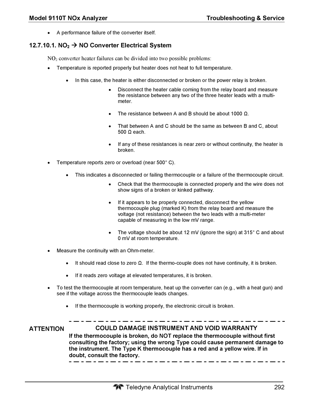 Teledyne 9110T instruction manual 12.7.10.1. NO2  no Converter Electrical System, Doubt, consult the factory 