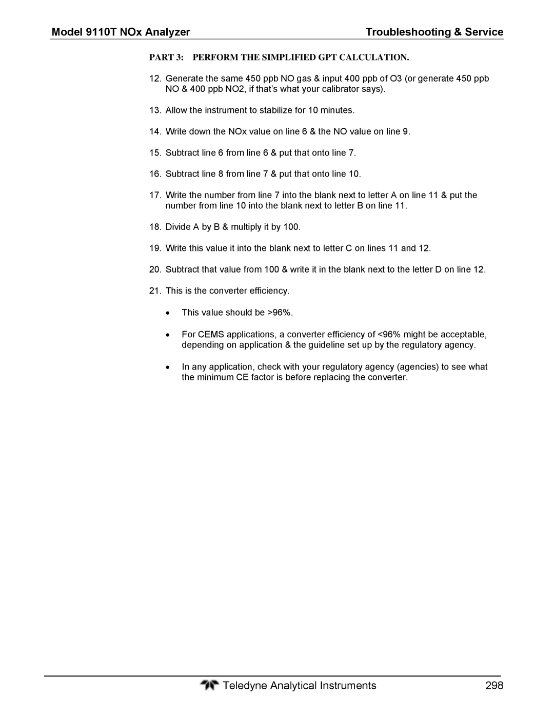 Teledyne 9110T instruction manual Teledyne Analytical Instruments 298 