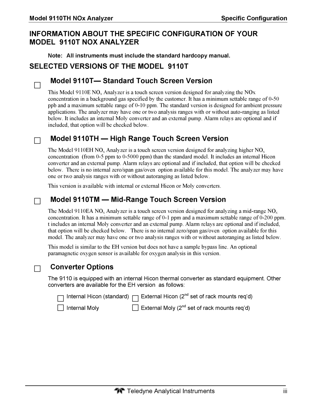 Teledyne instruction manual Model 9110T- Standard Touch Screen Version, Model 9110TH NOx Analyzer Specific Configuration 