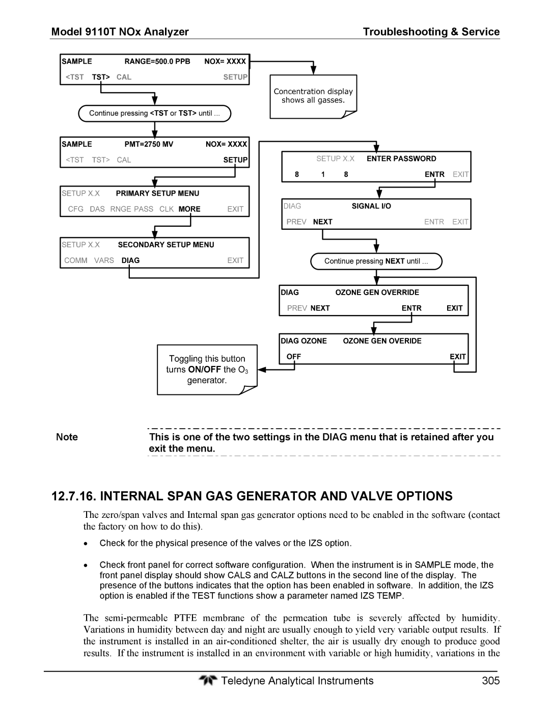 Teledyne 9110T instruction manual Internal Span GAS Generator and Valve Options, Exit the menu 