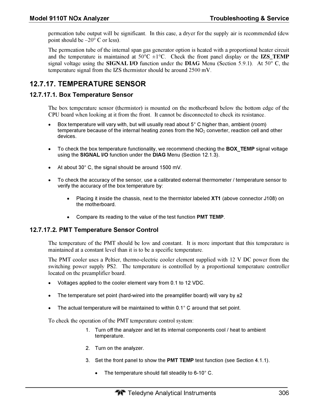 Teledyne 9110T instruction manual Box Temperature Sensor, PMT Temperature Sensor Control 