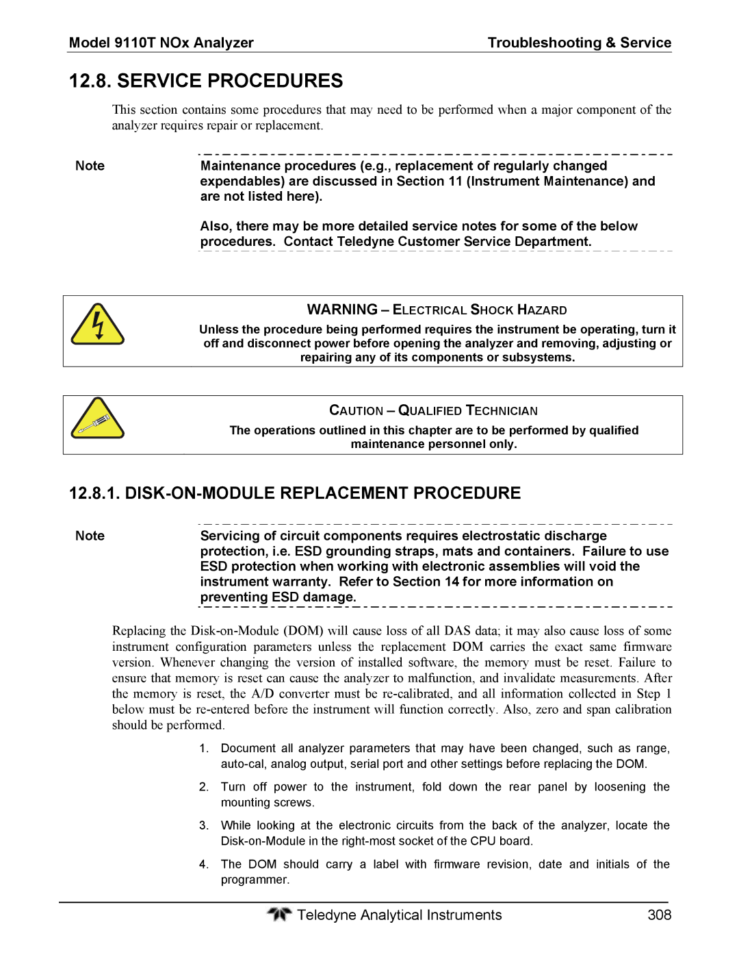 Teledyne 9110T instruction manual Service Procedures, DISK-ON-MODULE Replacement Procedure, Are not listed here 