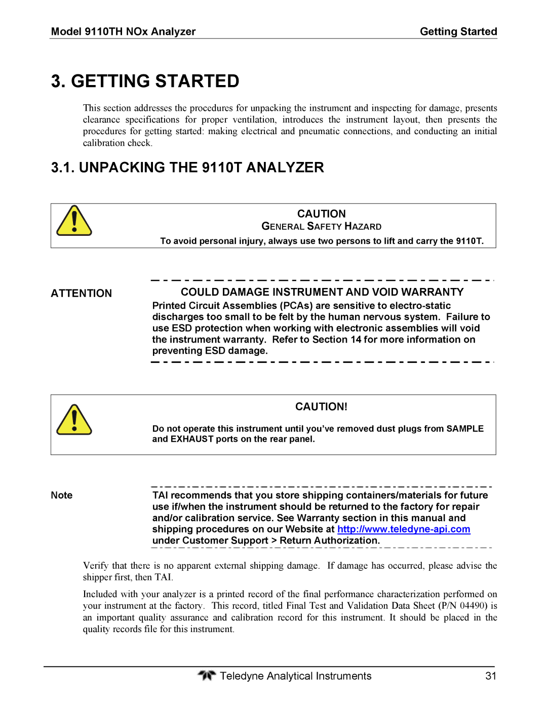 Teledyne Unpacking the 9110T Analyzer, Model 9110TH NOx Analyzer Getting Started, Preventing ESD damage 