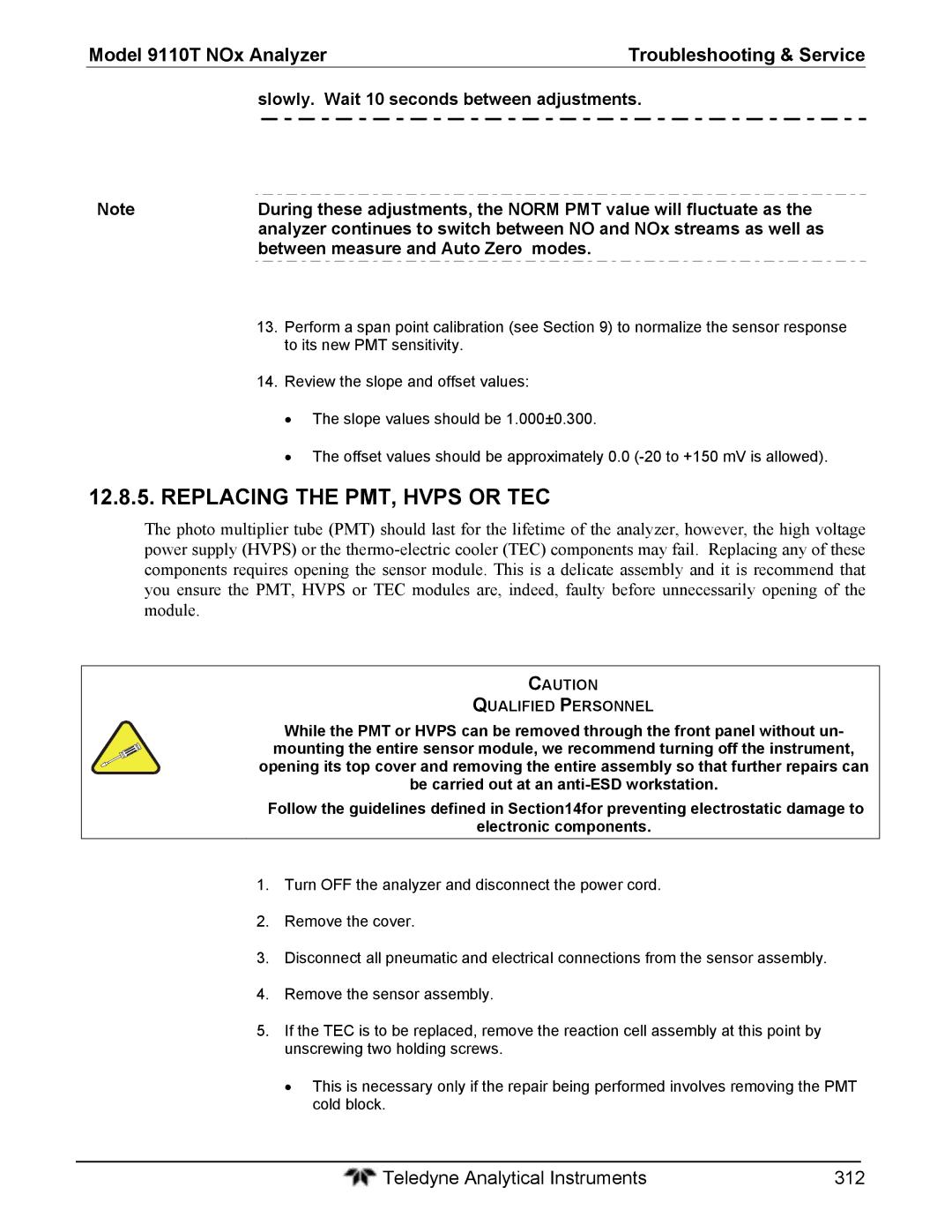 Teledyne 9110T instruction manual Replacing the PMT, Hvps or TEC, Between measure and Auto Zero modes, Qualified Personnel 