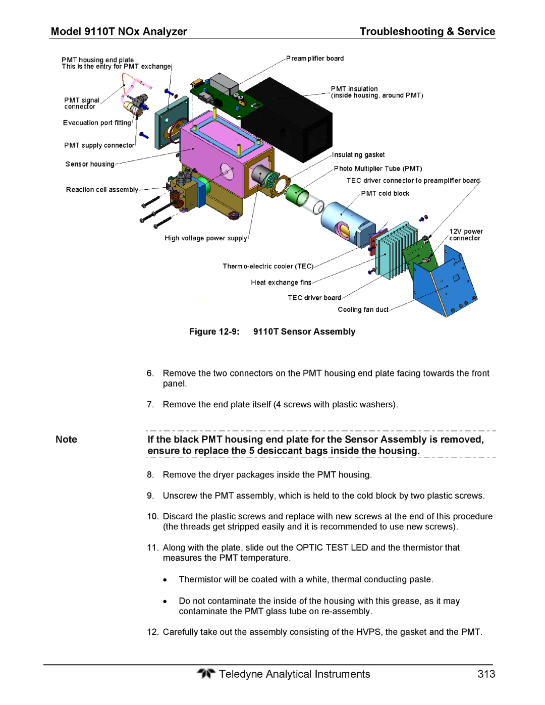 Teledyne instruction manual Ensure to replace the 5 desiccant bags inside the housing, 9110T Sensor Assembly 