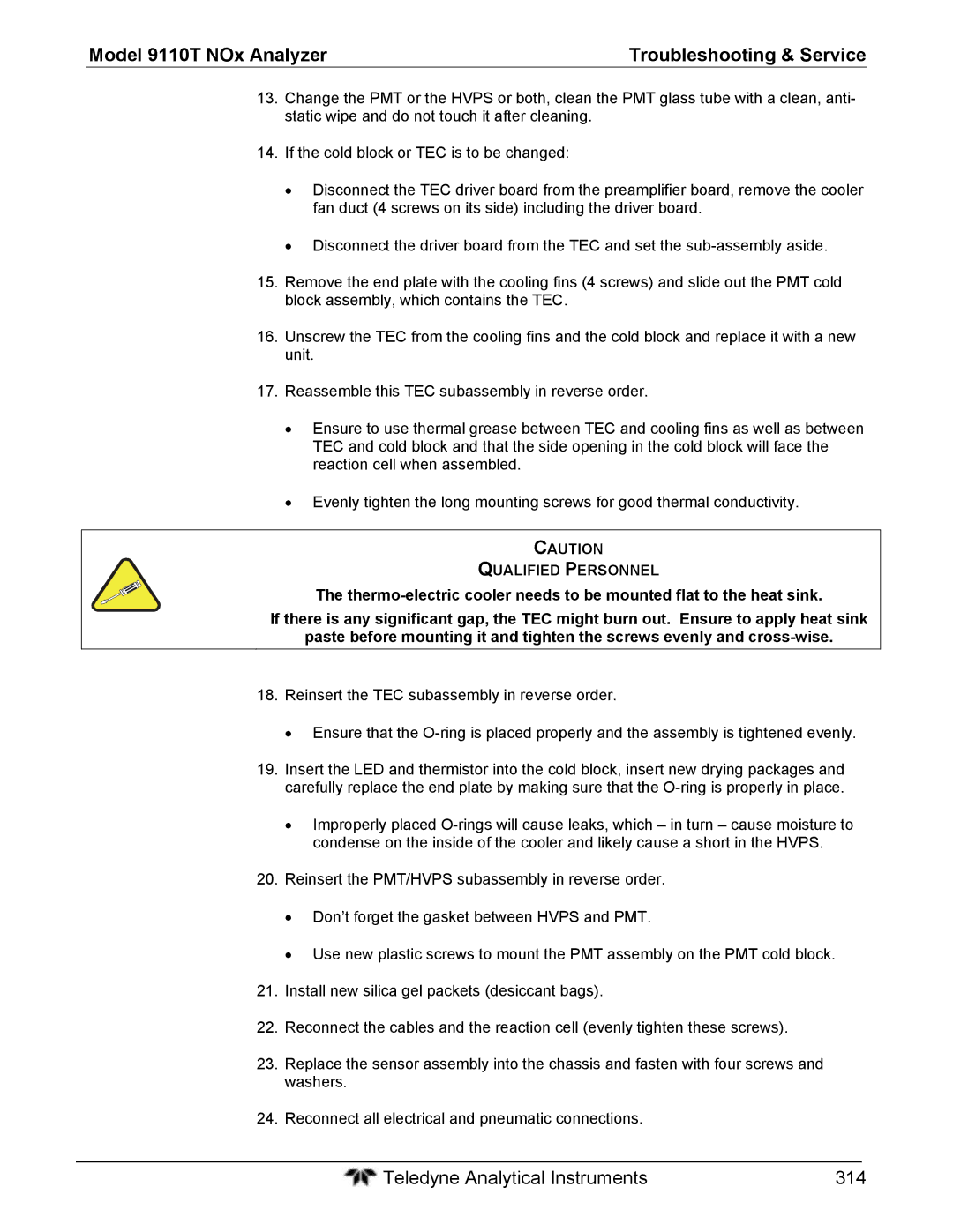 Teledyne 9110T instruction manual Teledyne Analytical Instruments 314 