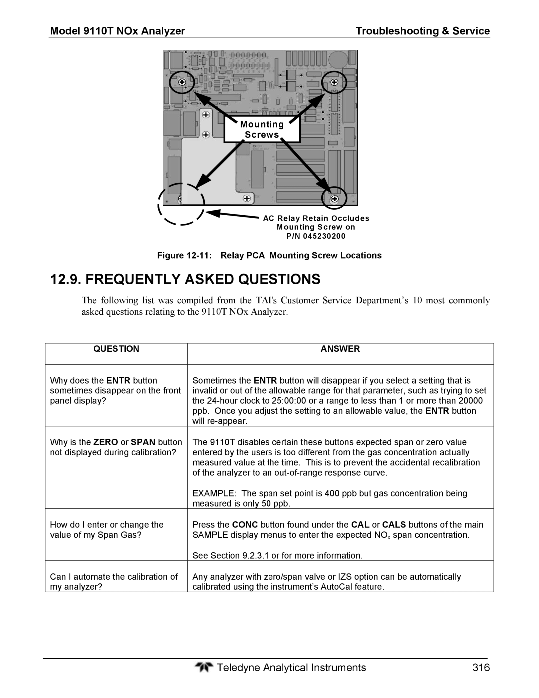 Teledyne 9110T instruction manual Frequently Asked Questions, Answer 