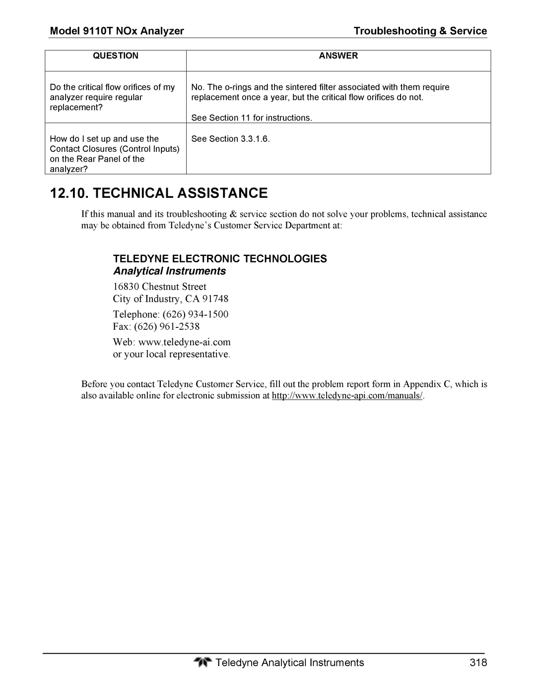 Teledyne 9110T instruction manual Technical Assistance, Analytical Instruments 