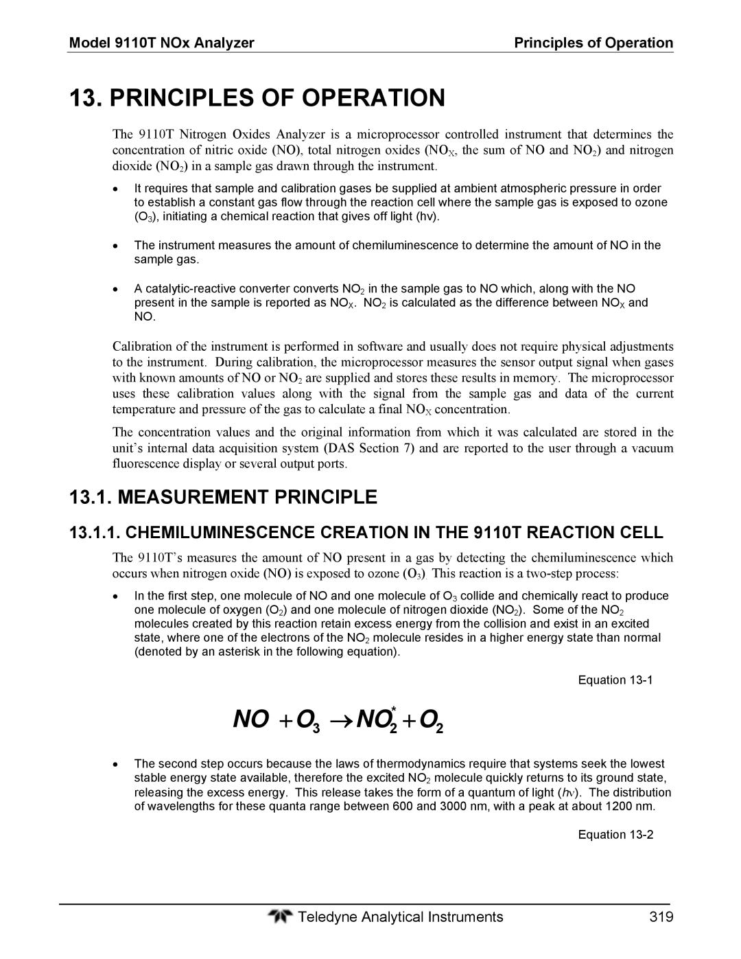 Teledyne instruction manual Measurement Principle, Chemiluminescence Creation in the 9110T Reaction Cell 