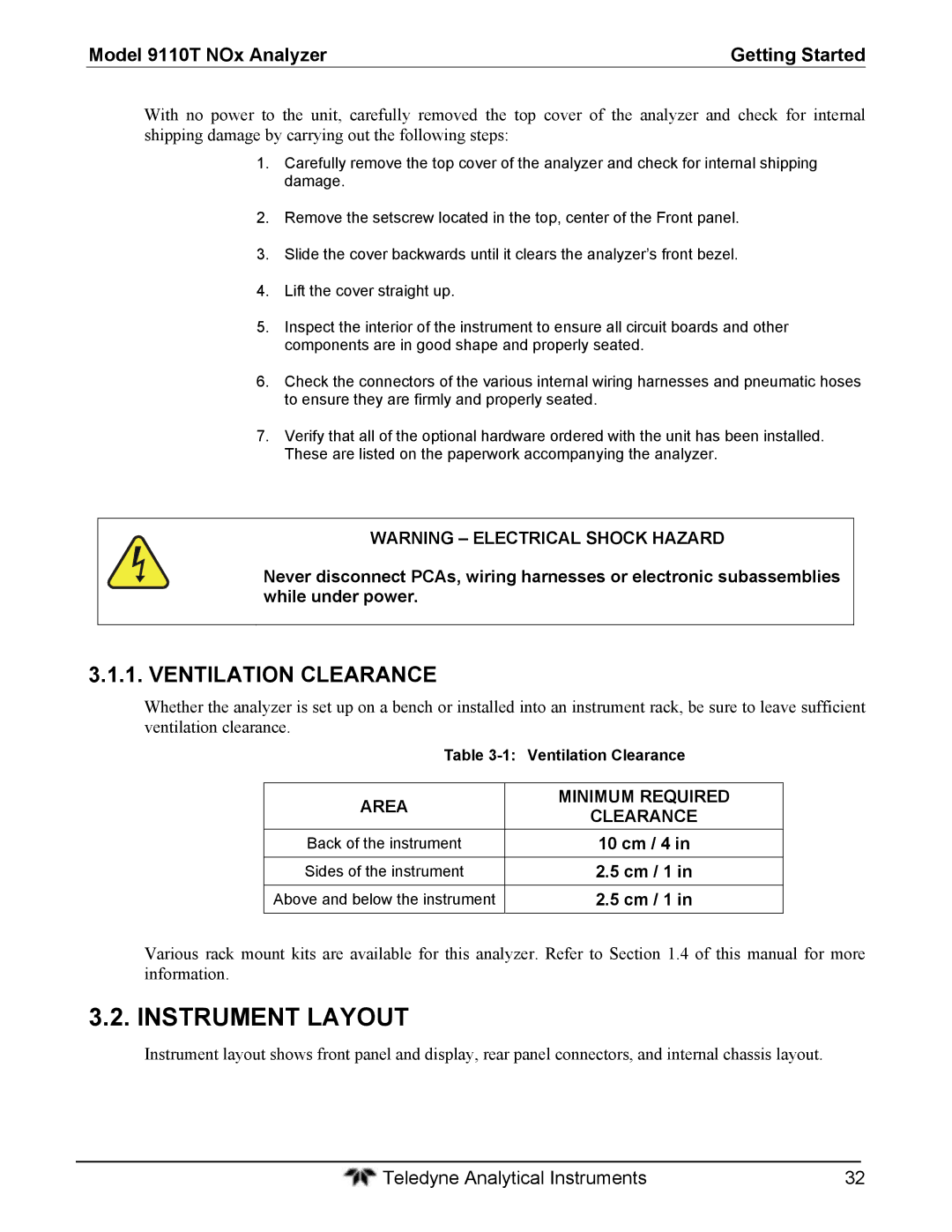 Teledyne Instrument Layout, Ventilation Clearance, Model 9110T NOx Analyzer Getting Started, 10 cm / 4, Cm / 1 