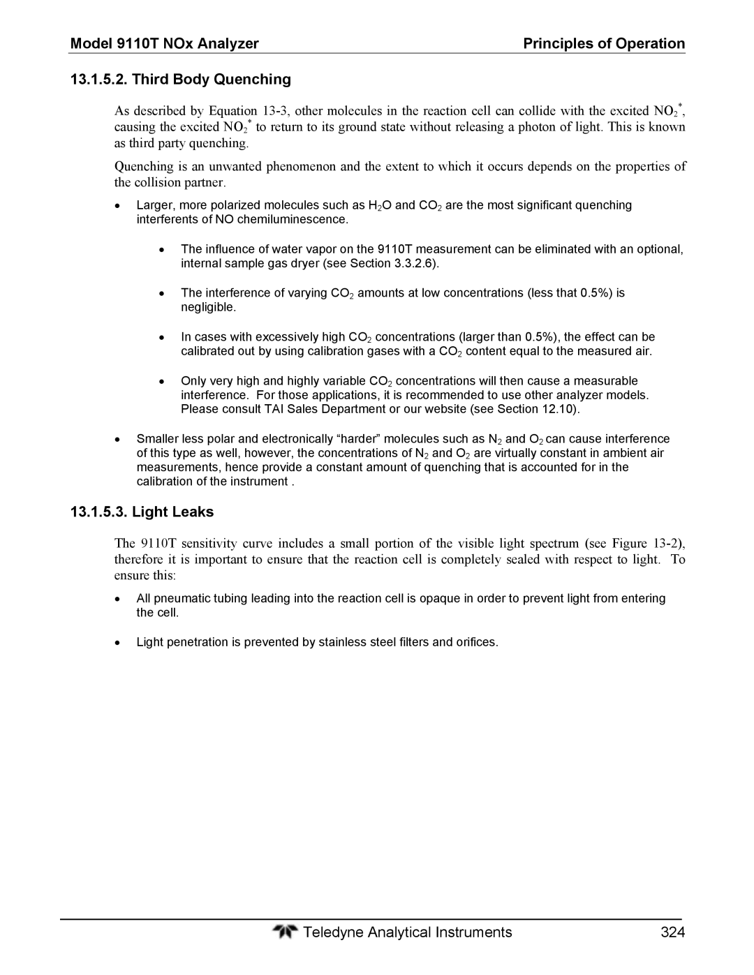 Teledyne 9110T instruction manual Light Leaks 