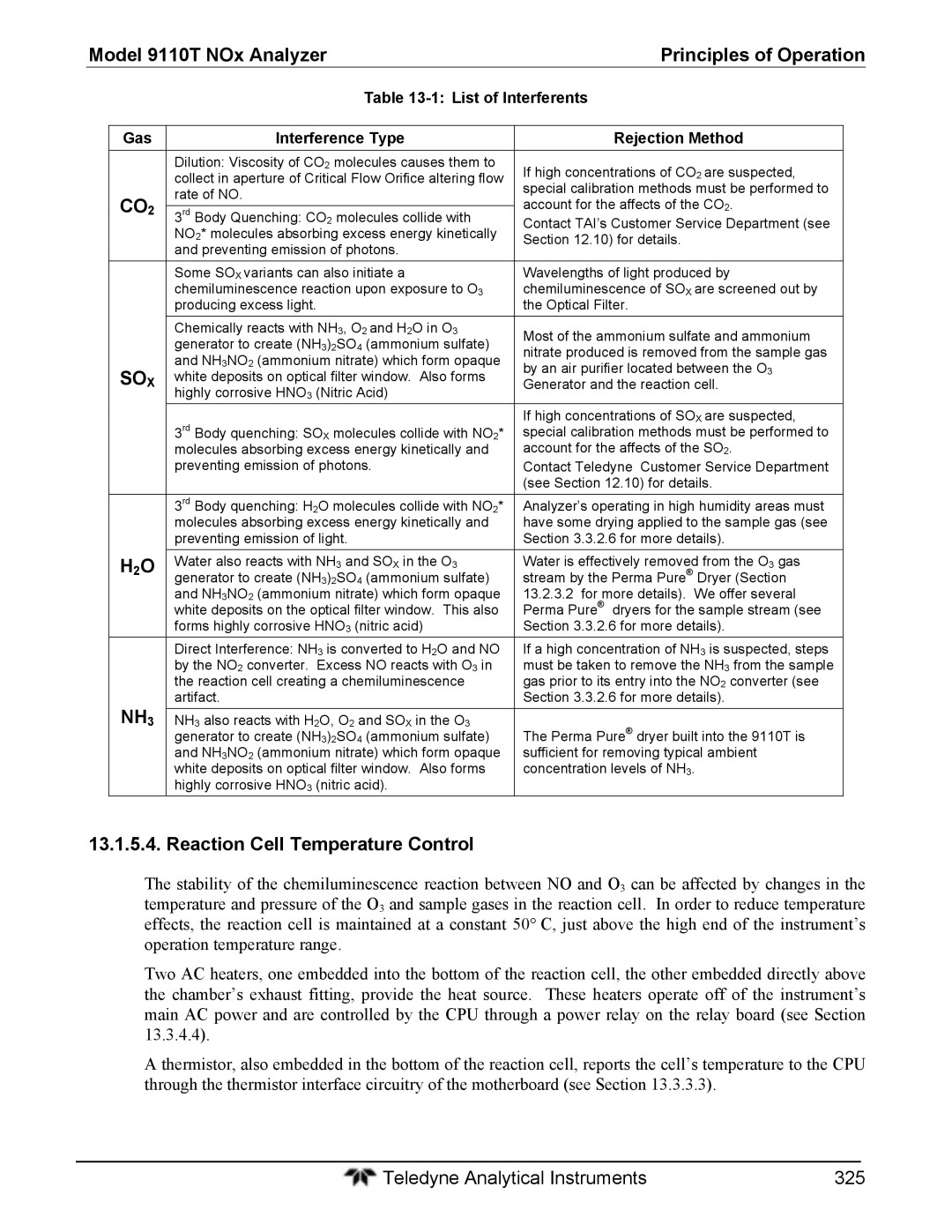 Teledyne 9110T Reaction Cell Temperature Control, List of Interferents, Gas Interference Type Rejection Method 