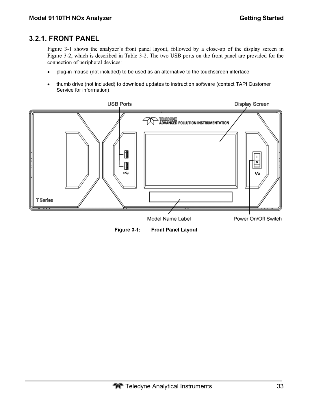 Teledyne 9110T instruction manual Front Panel Layout 