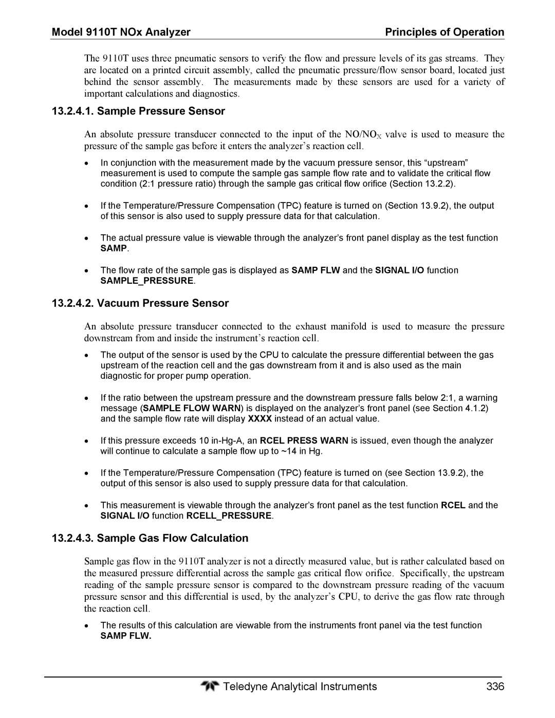 Teledyne 9110T Sample Pressure Sensor, Vacuum Pressure Sensor, Sample Gas Flow Calculation, Samplepressure, Samp FLW 