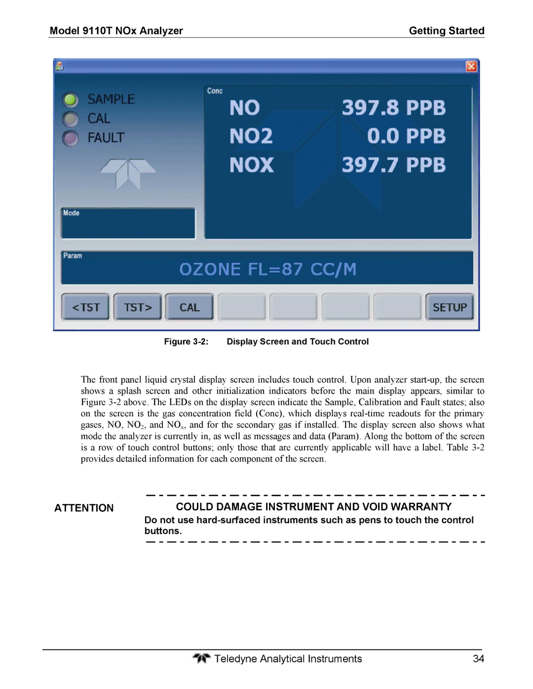 Teledyne 9110T instruction manual Buttons, Display Screen and Touch Control 