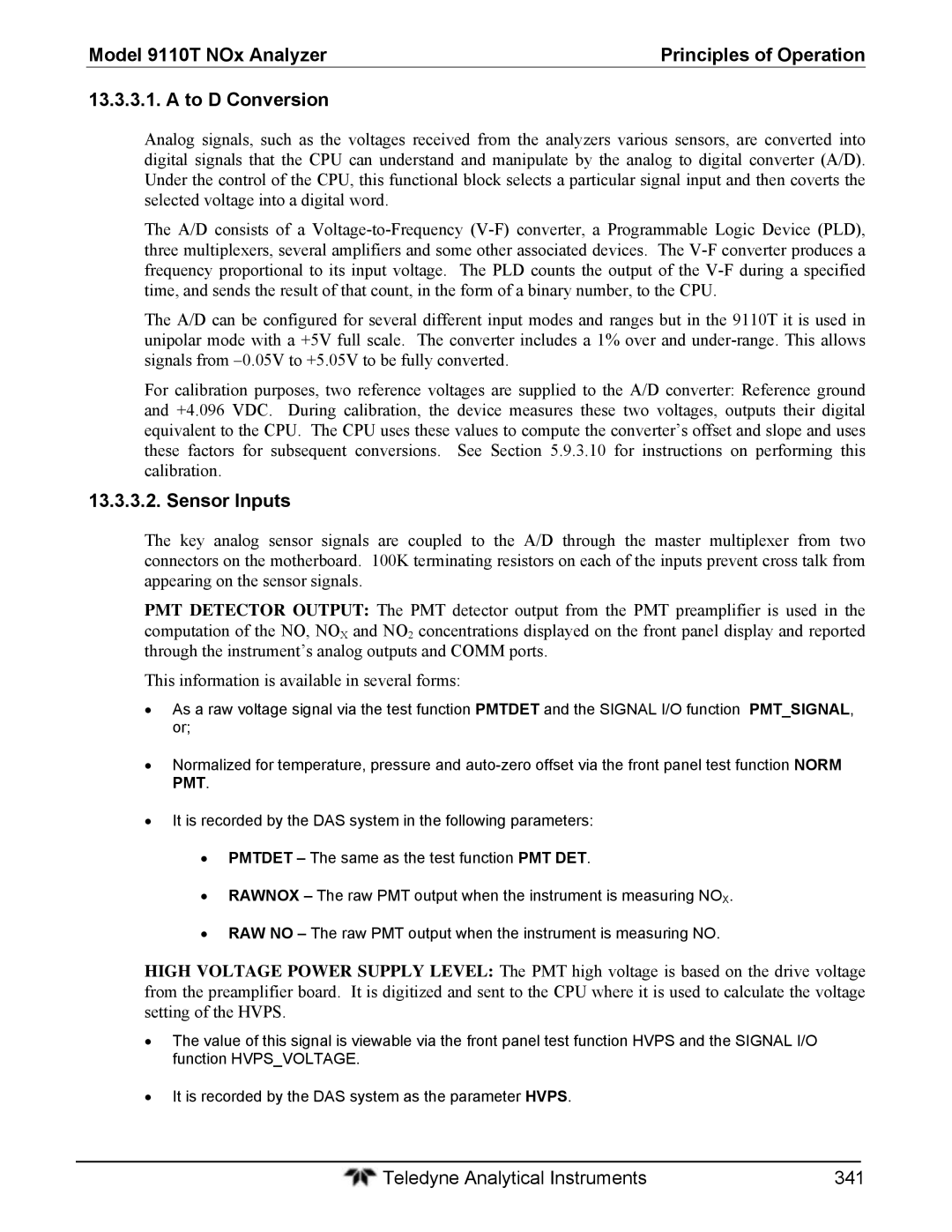 Teledyne 9110T instruction manual Sensor Inputs 