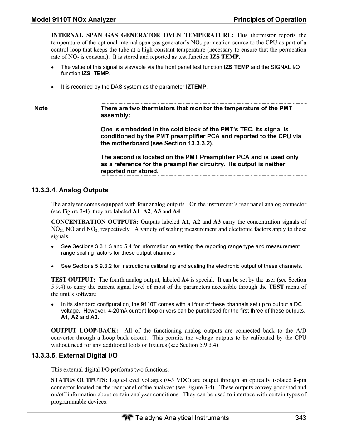 Teledyne 9110T instruction manual Analog Outputs, External Digital I/O, Motherboard see Section, Reported nor stored 