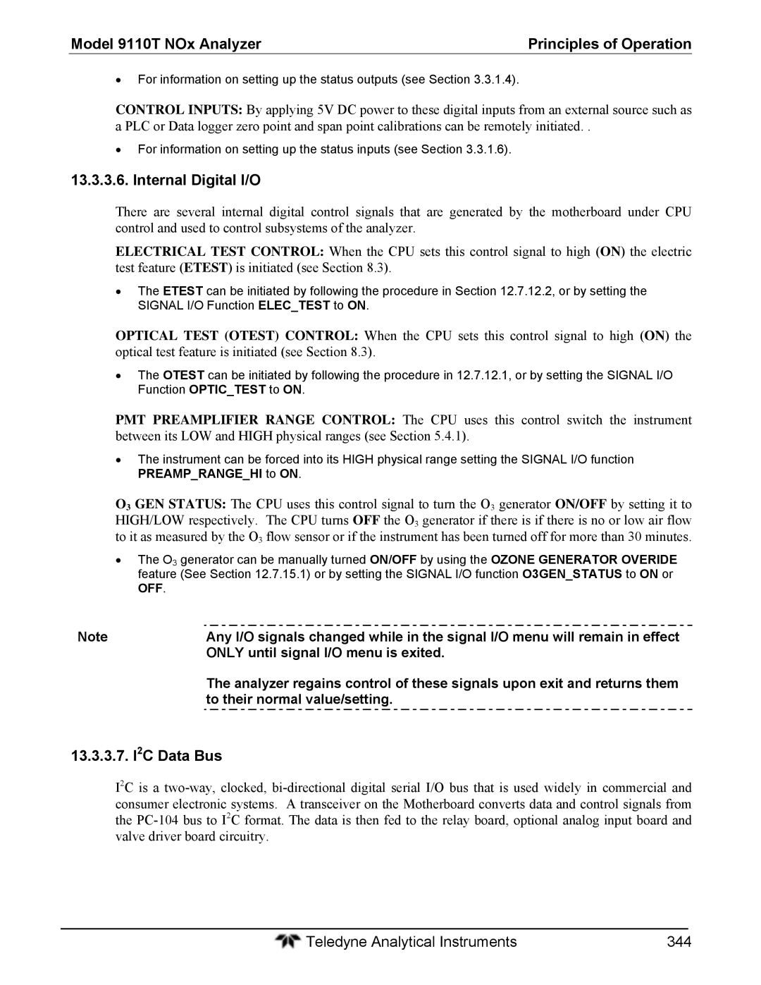 Teledyne 9110T instruction manual Internal Digital I/O, 13.3.3.7. I2C Data Bus, Only until signal I/O menu is exited 