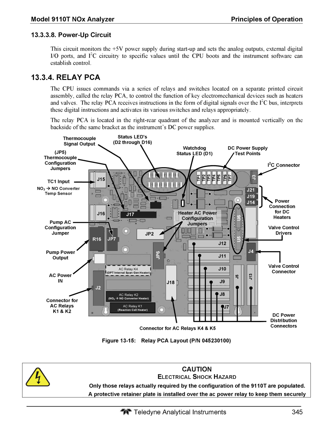 Teledyne 9110T instruction manual Relay PCA Layout P/N, Electrical Shock Hazard 