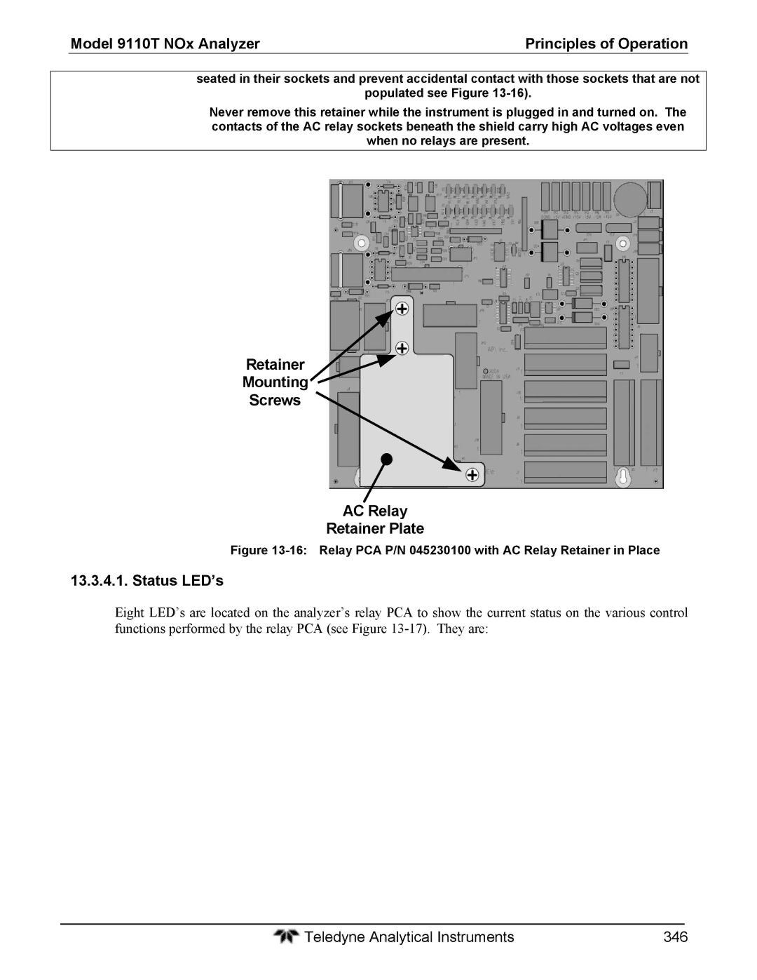 Teledyne 9110T instruction manual Status LED’s, Relay PCA P/N 045230100 with AC Relay Retainer in Place 