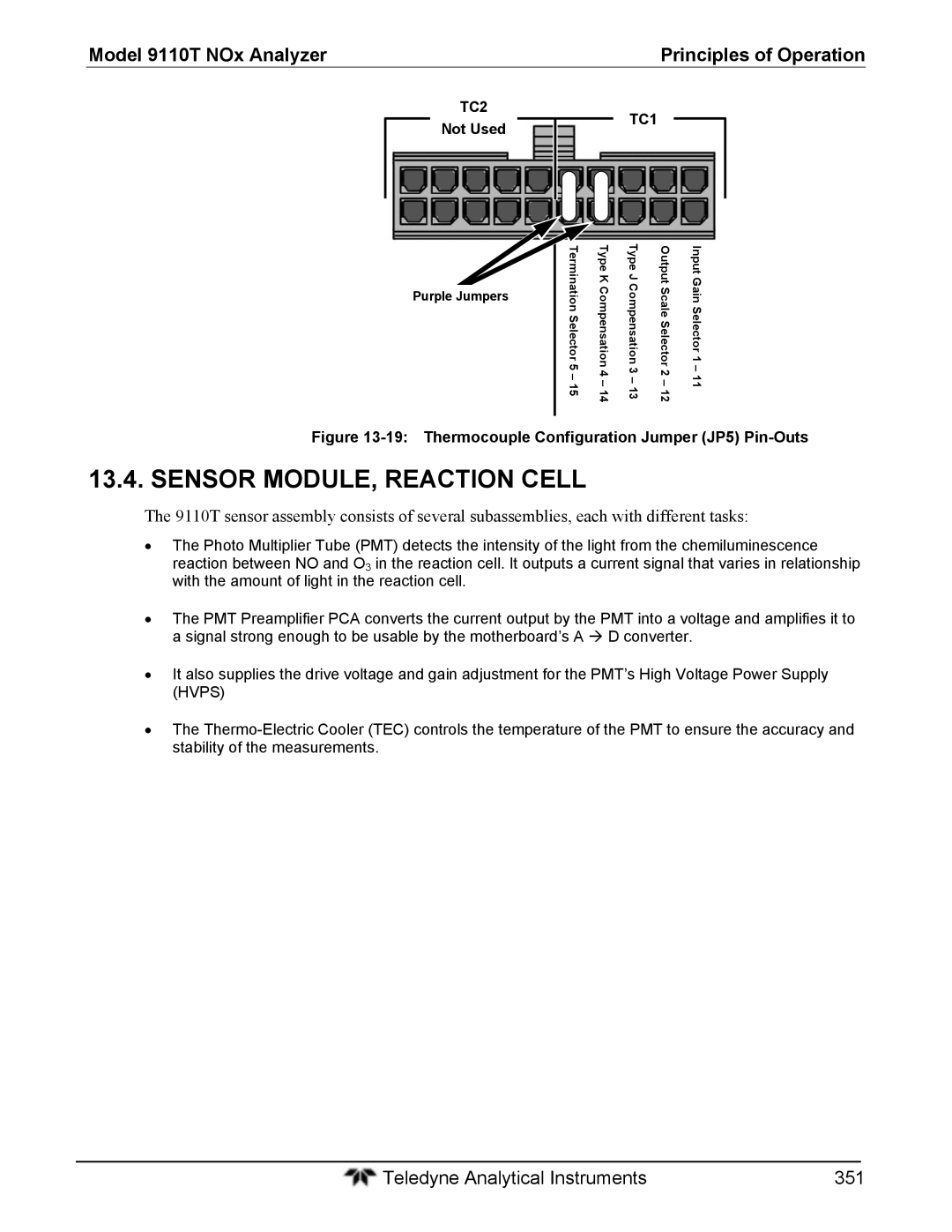 Teledyne 9110T instruction manual Sensor MODULE, Reaction Cell, TC2, Not Used, TC1 