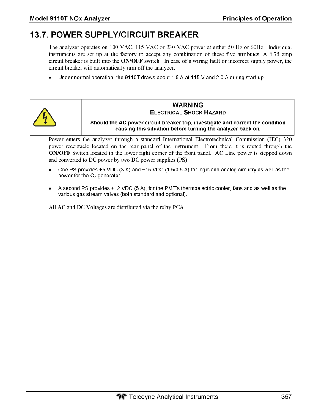 Teledyne 9110T instruction manual Power SUPPLY/CIRCUIT Breaker, All AC and DC Voltages are distributed via the relay PCA 