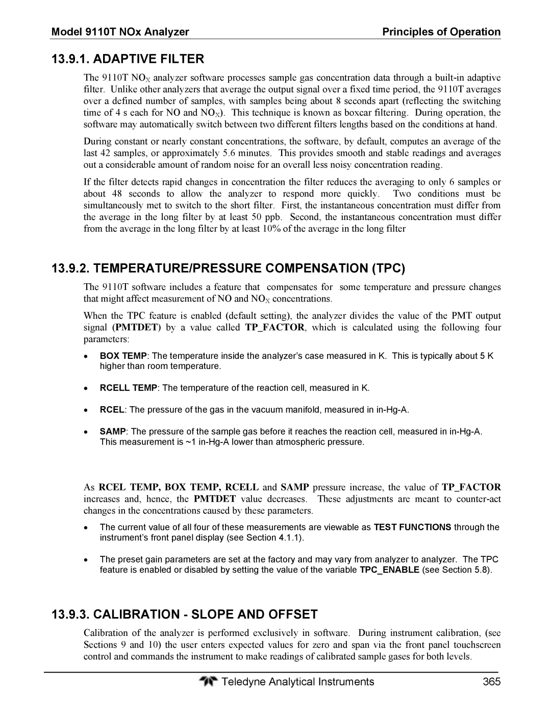 Teledyne 9110T instruction manual Adaptive Filter, TEMPERATURE/PRESSURE Compensation TPC, Calibration Slope and Offset 