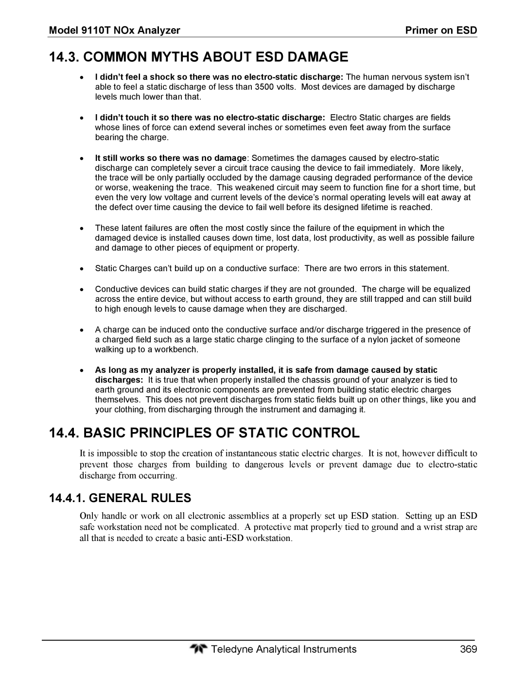 Teledyne 9110T instruction manual Common Myths about ESD Damage, Basic Principles of Static Control, General Rules 