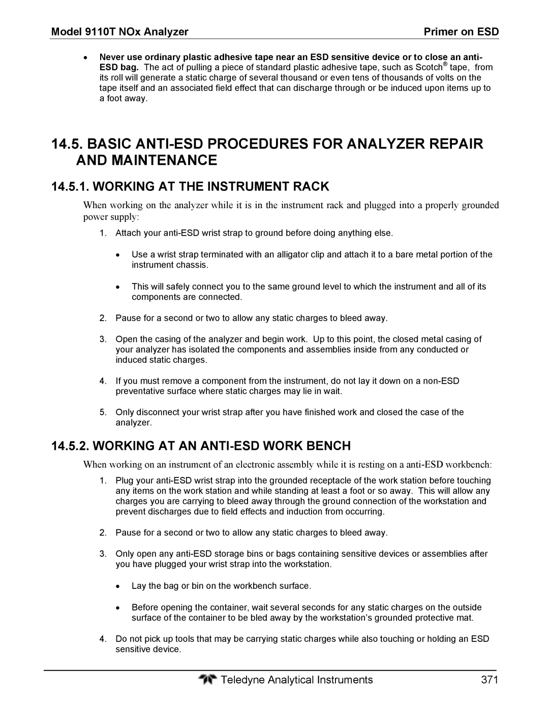 Teledyne 9110T instruction manual Working AT the Instrument Rack, Working AT AN ANTI-ESD Work Bench 