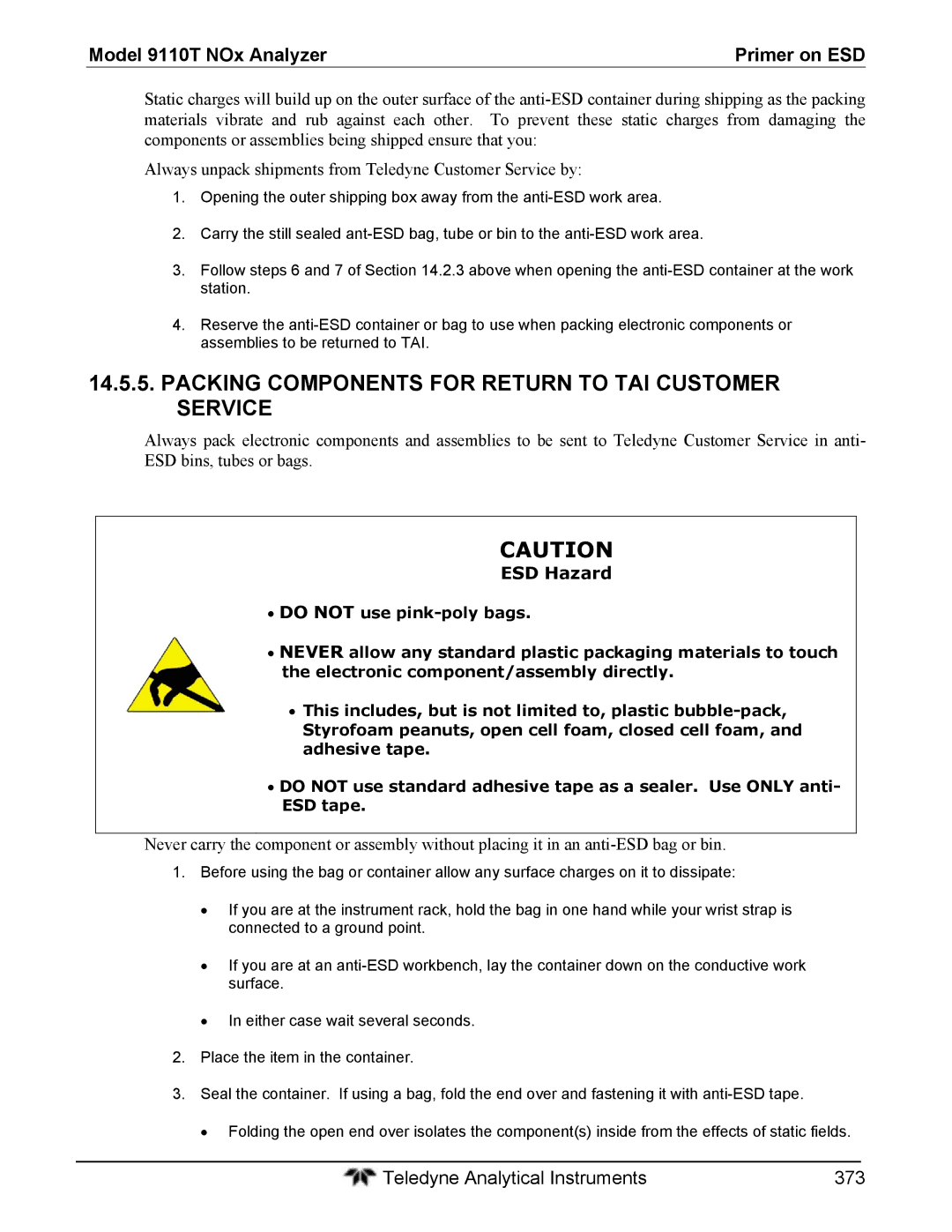 Teledyne 9110T instruction manual Packing Components for Return to TAI Customer Service, ESD Hazard 