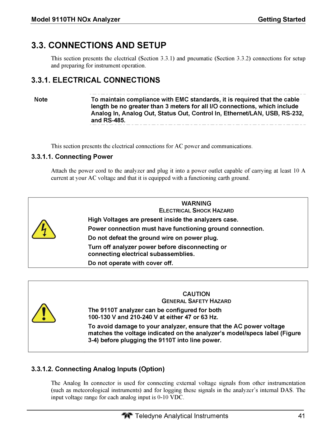 Teledyne 9110T Connections and Setup, Electrical Connections, Connecting Power, Connecting Analog Inputs Option, RS-485 