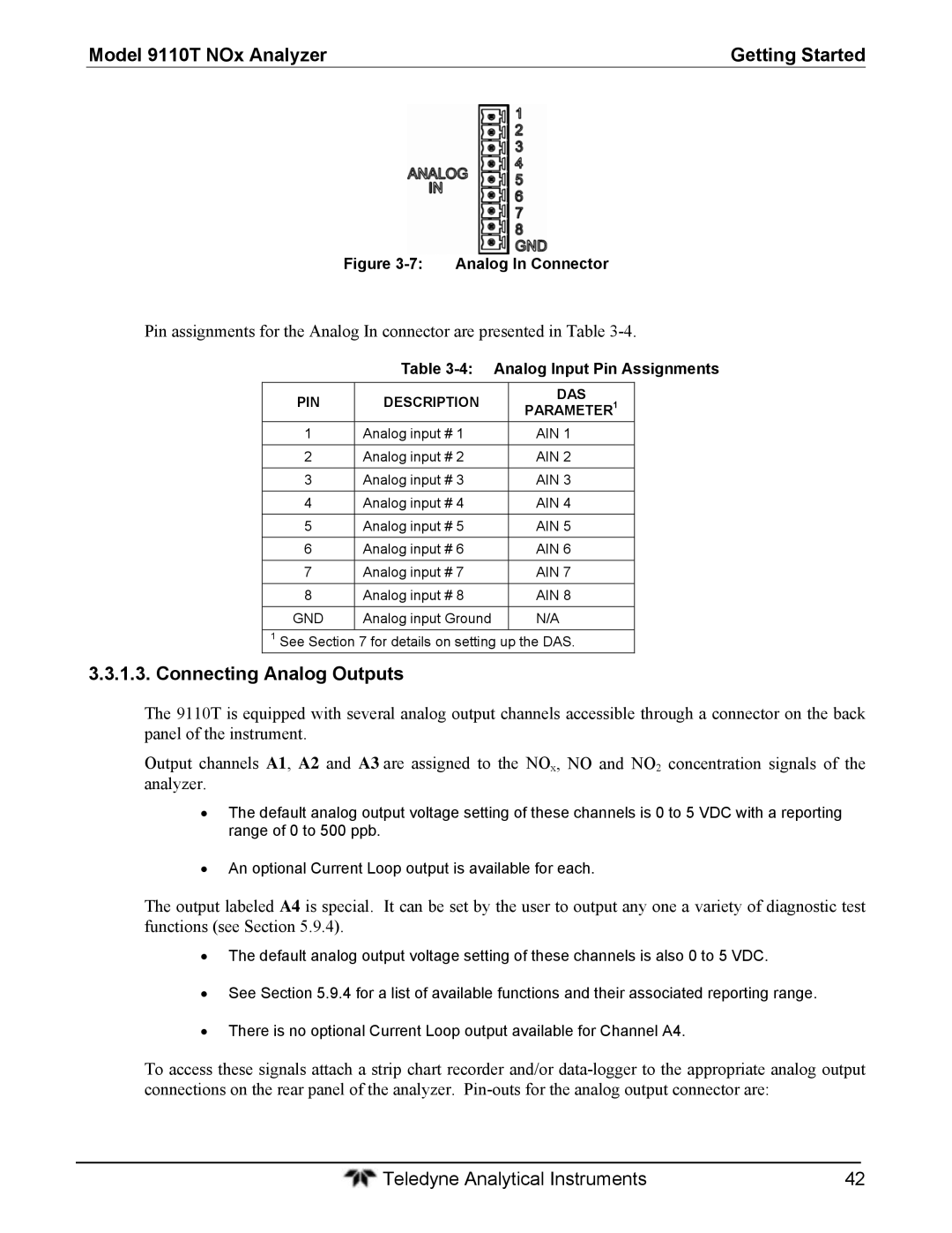 Teledyne 9110T instruction manual Connecting Analog Outputs, Analog Input Pin Assignments, PIN Description DAS Parameter 